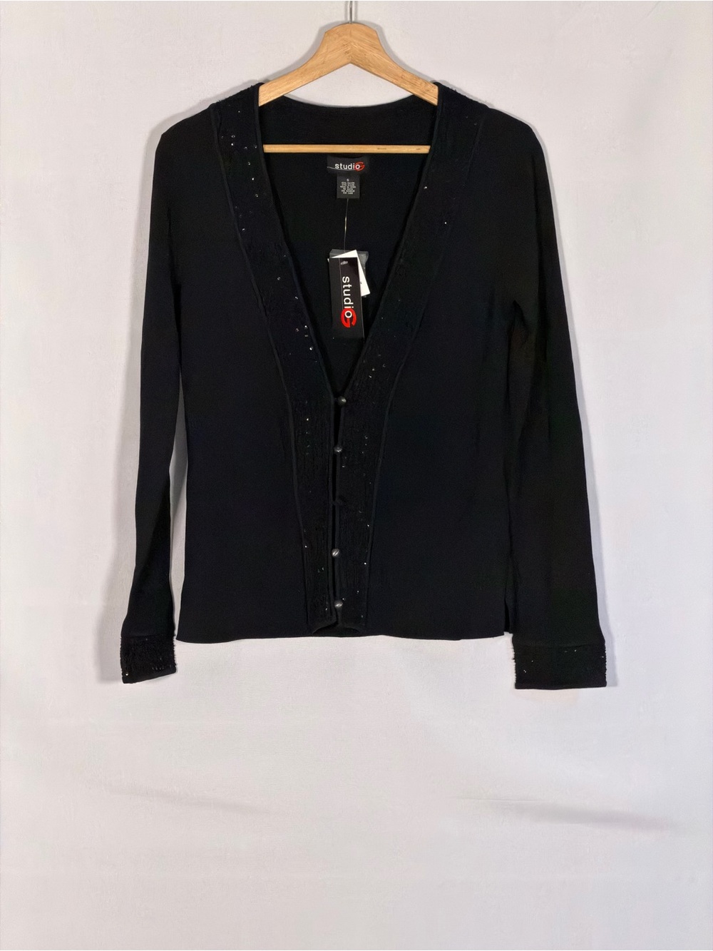 NWT Studio G Women’s Black Beaded Sequin Cardigan Sweater Size S Rayon Blend